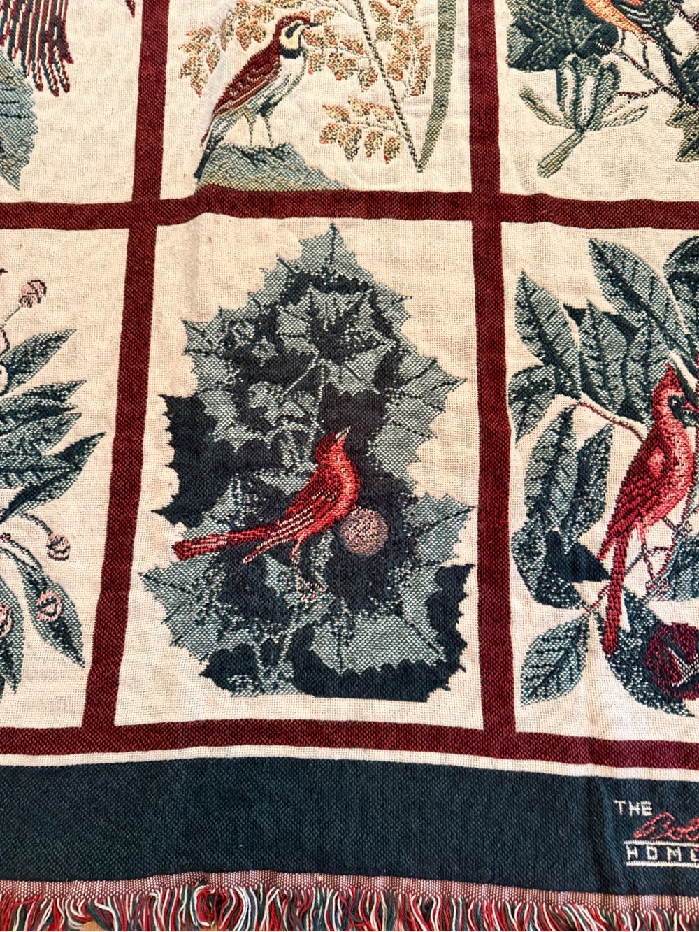Vintage Bird Tapestry Throw Blanket in Navy, Cream & Red - Picture 3 of 5